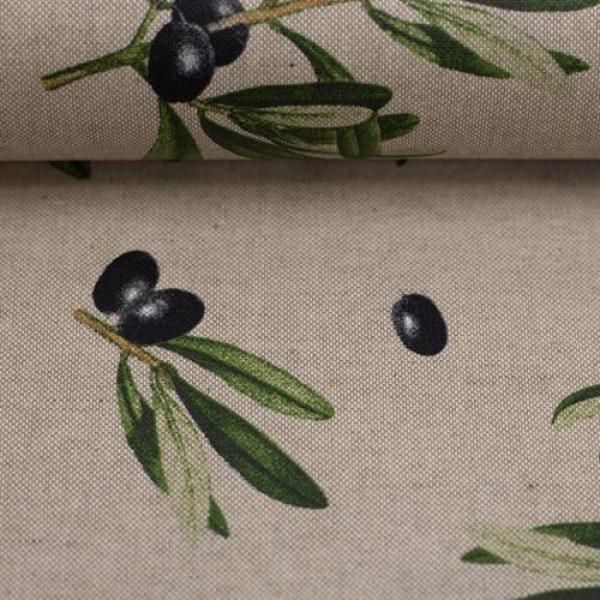 50x70 cm Zuschnitt Baumwolle beschichtet Olivenzweige auf Natur by Swafing
